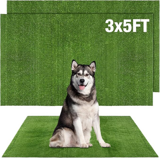 GLOBREEN Fake Grass Pee Pads for Dogs Potty Training, 2 PCS Replacement 3FT X 5FT Artificial Turf Outdoor Rugs for Pets Patio Balcony, with Drainage Hole