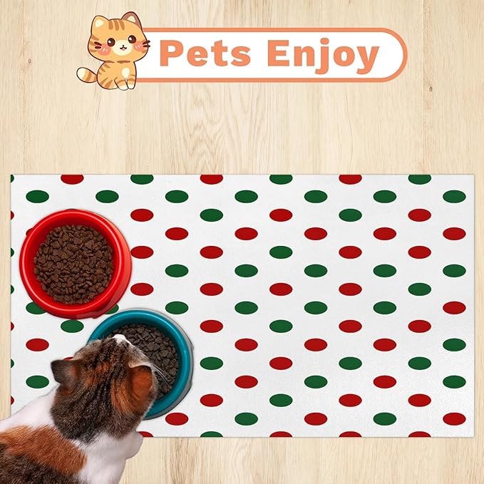 Polka Dots Dog Food Mat for Floors Absorbent Dog Bowl Mat for Food and Water Dispenser Quick Dry Cat Food Placemat Pet Supplies 17" x 30", Circle