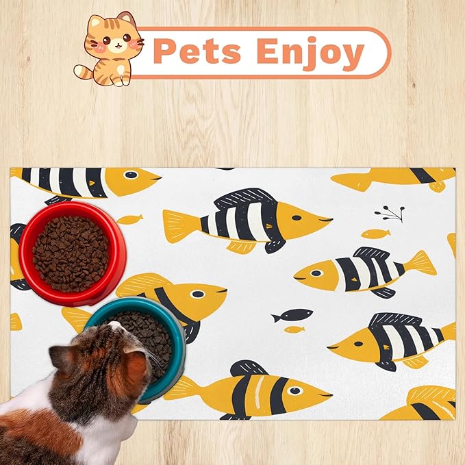 Cute Fish Dog Food Mat for Floors Absorbent Dog Bowl Mat for Food and Water Dispenser Quick Dry Cat Food Placemat Pet Supplies 12" x 20", Ocean