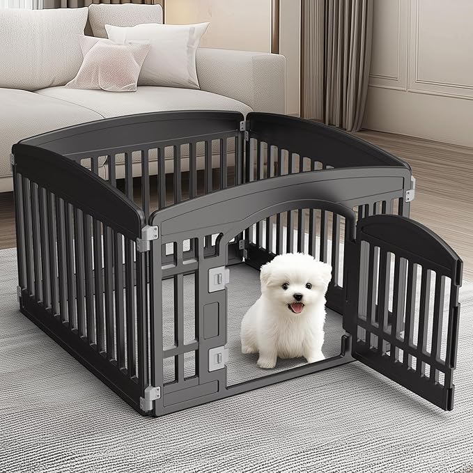 NEWBULIG Dog Playpen 4-Panel, 24IN Puppy Playpen, Stable Dog Play Pen Indoors/Outdoor with Secure Locking Door, Plastic Pet Fence for Small & Medium Dogs