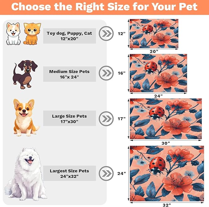 Ladybird Dog Food Mat for Floors Absorbent, Quick Dry Water Dispenser Mat for Food, Water, Pet Supplies 16" x 24", Summer Flower