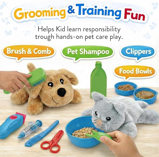 34-Piece Kids Pretend Vet Playset, Veterinarian Role Play Doctor Toy Kit with Plush Dog & Cat, Pet Care Grooming Set with Carrier & Medical Tools