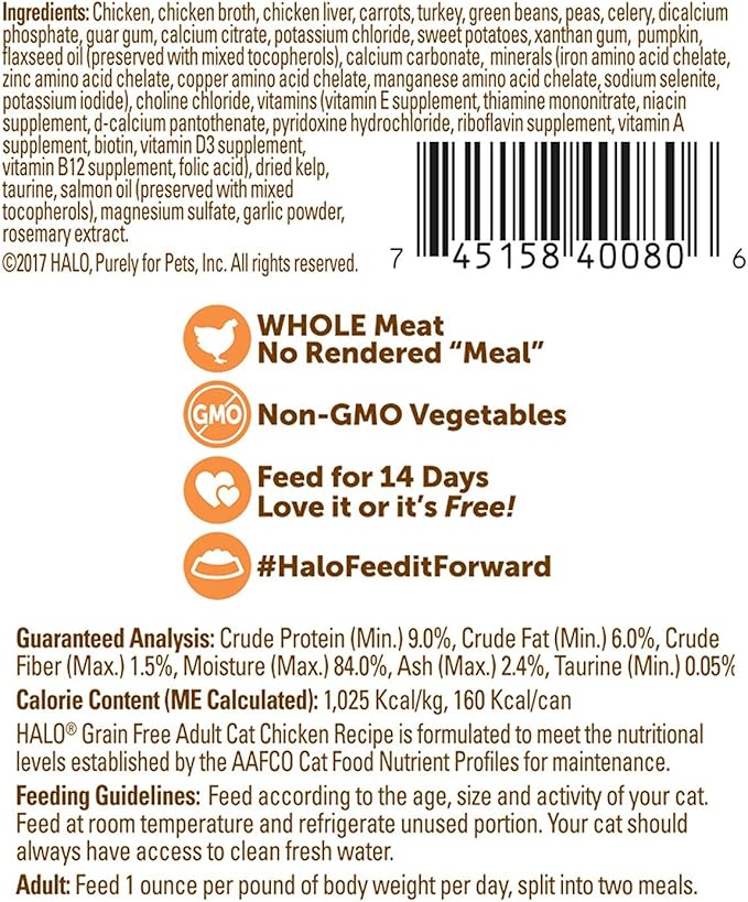 Halo Grain Free Soft Pate, Adult Cat Wet Food, Chicken in Broth Recipe, 5.5 oz, Case of 12