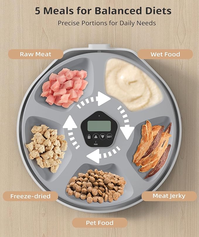 Automatic Cat Feeder,Dry and Wet Cat Food Dispenser,5 Meal Timed Programmable Pet Feeder,2 Ice Packs,Dual-Power Timed Auto Kitten & Small Dog Food Dispenser,Removable & Easy to Clean