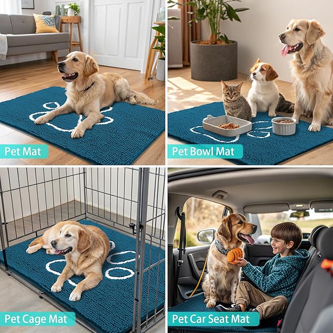 Smiry Dog Door Mat for Muddy Paws, Absorbent Dirt Trapper Non Slip Quick Dry Washable Chenille Mat for Mud Dogs, Entry Rug for Indoor and Outdoor (47x24 Inches, Atlantic Blue and White)