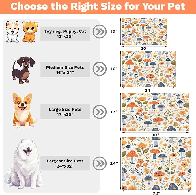 Boho Mushroom Dog Food Mat for Floors Absorbent Dog Bowl Mat for Food and Water Dispenser Quick Dry Cat Food Placemat Pet Supplies 24" x 32", Wildflower