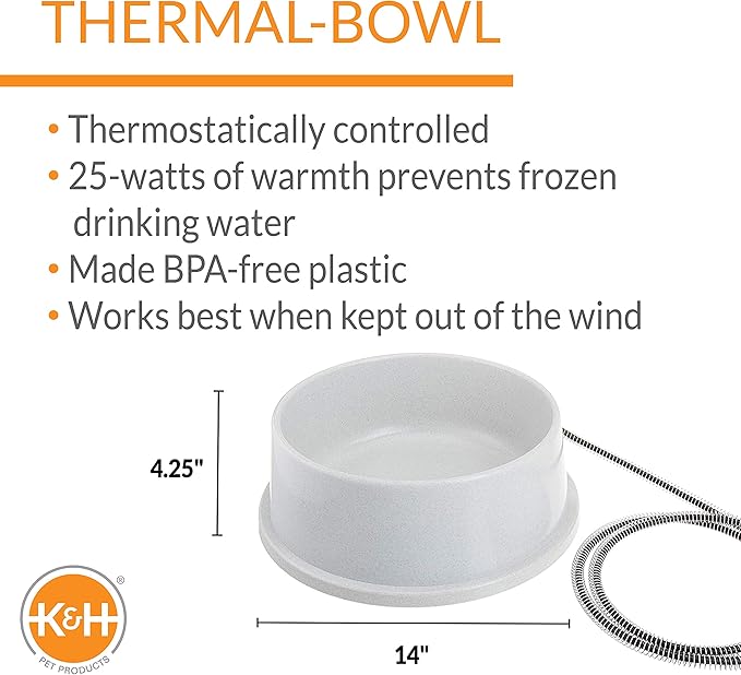 K&H Pet Products Thermal-Bowl Heated Water Bowl for Cats & Dogs Outside, Safety Listed Outdoor Heated Dog Dish for Pets, Automatic No Freeze, Anti Chew Cord - 1.5 Gallons Granite 25W