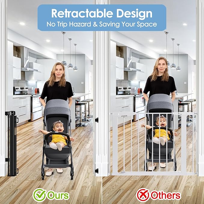 Reinforced Retractable Baby Gates with Support Rods, Extends up to 55” Wide, Retractable Dog Gate for Doorways Prevent Bottom Crawling Through, Mesh Pet Gate for Stairs Indoor Outdoor, Black