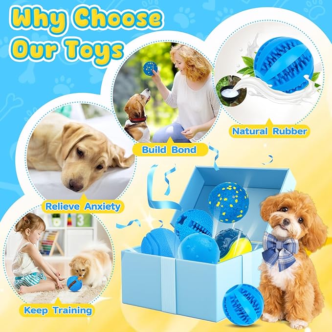 Dog Balls 6 Pack, Puppy Toys for Small & Medium Dogs, Interactive Dog Fetch Ball, Squeaky Chew Toys for Teeth/Slow Feeder/IQ Training/Playing, Dog Toys to Keep Them Busy (Blue)
