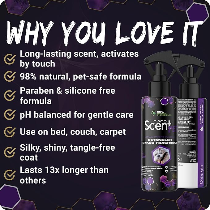 Pet Fur Detangler and Conditioner, Leave-in Conditioner with Long-Lasting Nano Scent for Effortless Grooming and Freshness, Spray After a Bath, Swim, Rain or Snow, Works All Day (50mL)