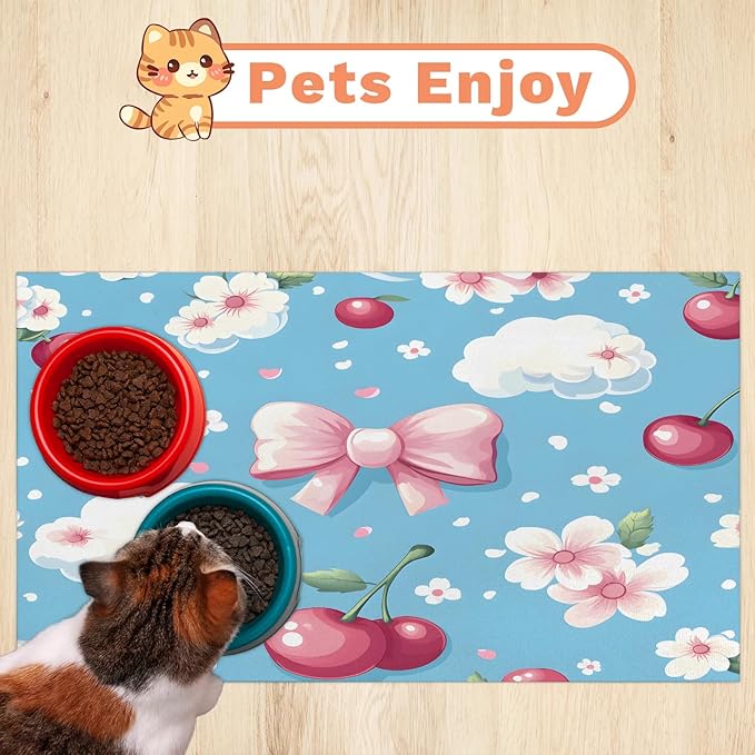 Pink Cherry Dog Food Mat for Floors Absorbent Dog Bowl Mat for Food and Water Dispenser Quick Dry Cat Food Placemat Pet Supplies 16" x 24", Bowknot Cloud