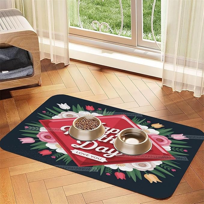 Pet Cat Dog Food Mat Absorbent Dog Feeding Mat Happy Mother's Day Floral Gift Mom Ev No Stains Cat Food Mats Indoor Pet Accessories Supplies Dogs Placemat Water Bowl Mats with Rubber Backing 24x16In