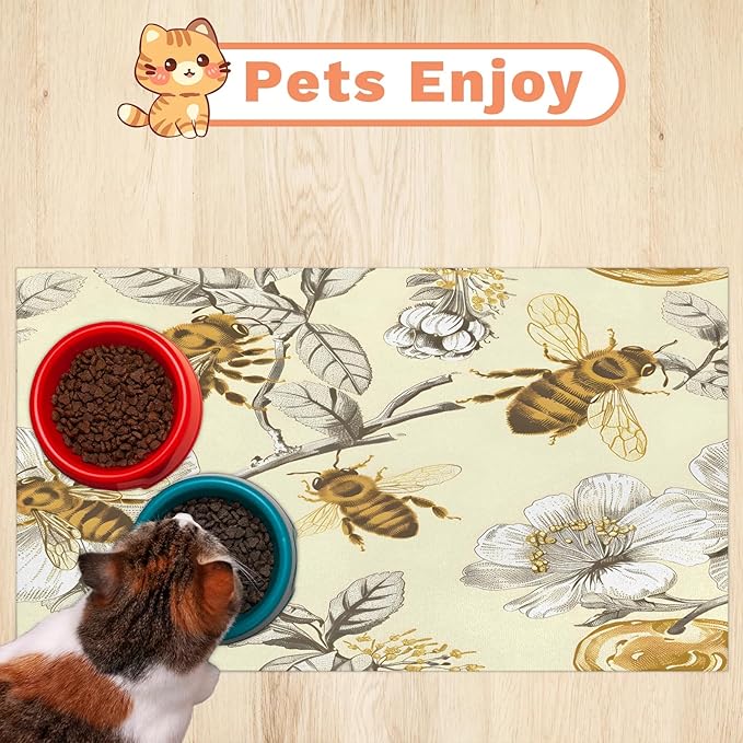 Vintage Bee Dog Food Mat for Floors Absorbent, Quick Dry Water Dispenser Mat for Food, Water, Pet Supplies 24" x 32", Spring Flower
