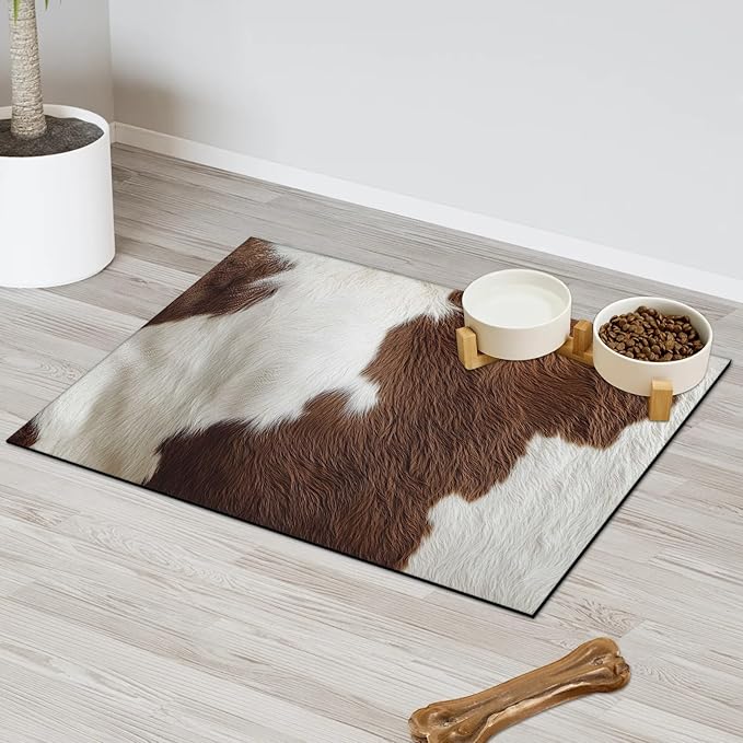 Cow Fur Dog Food Mat for Floors Absorbent Dog Bowl Mat for Food and Water Dispenser Quick Dry Cat Food Placemat Pet Supplies 16" x 24", Cow Print