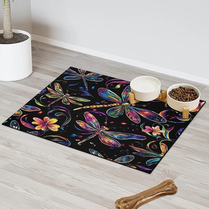 Dragonfly Dog Food Mat for Floors Absorbent, Quick Dry Water Dispenser Mat for Food, Water, Pet Supplies 24" x 32",