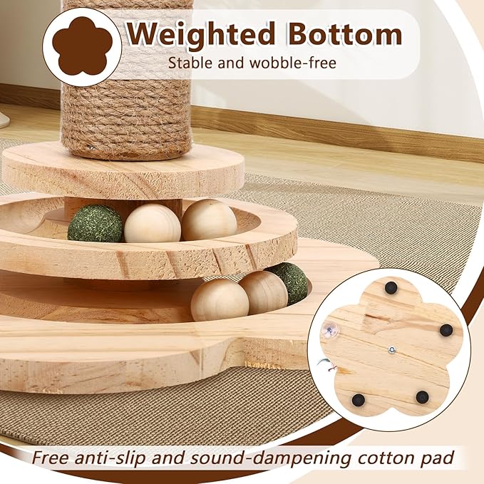 Cat Scratching Post, Cat Tower Scratch Post, Cat Tower with Scratching Post, Wooden Cats Tree with Solid Wood Waterproofing Base Cat Toy and Interactive Ball for Adult Cats & Kittens (Large)