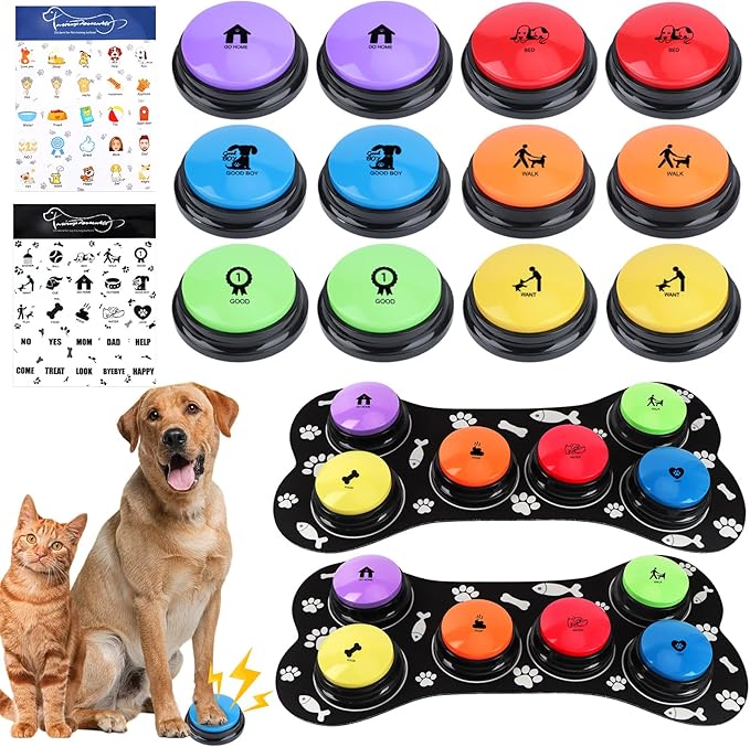 Dog Buttons for Communication, 12 Pcs 6 Color Dog Talking Button Set, 30s Recordable Voice Pet Training Buzzers, Speaking Buttons for Dogs & Cats with 2 Mats,2 Scene Stickers (Batteries Not Included)