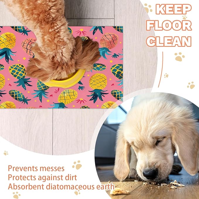 Pineapple Dog Food Mat for Floors Absorbent Dog Bowl Mat for Food and Water Dispenser Quick Dry Cat Food Placemat Pet Supplies 17" x 30", Cute Fruit Colorful