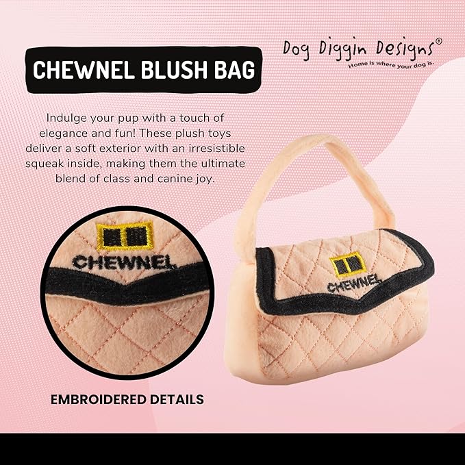 Dog Diggin Designs Chewnel Plush Dog Toy Purse | Luxury-Inspired Parody Designer Handbag with Squeaker, Soft Plush Fashion Dog Toy – Haute Couture Purses & Handbags