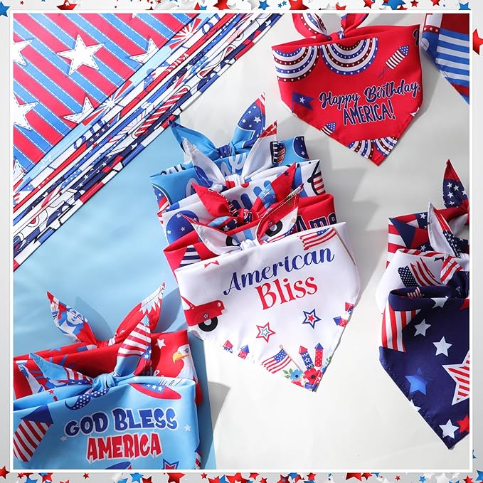 Kacctyen 300 Pcs 4th of July Dog Bandanas Bulk Patriotic Dog Adjustable Cute Washable Triangle Kerchief Scarf Bibs for Small to Medium Pet Seasonal Party Costume Accessories