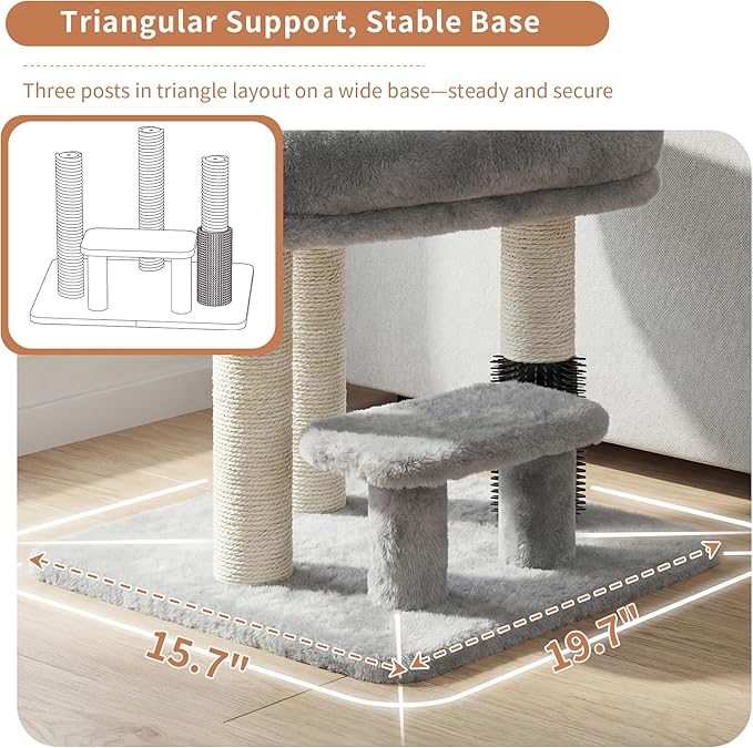 Heybly Cat Scratching Post, Small Cat Tree Tower with 3 Full Sisal Posts, Removable Plush Bed, Grooming Brush, Stable & Space-Saving Cat Furniture with Gentle Step for Indoor Cats, Light Gray HSP001SW