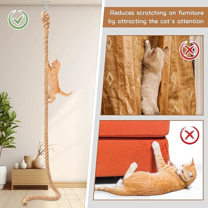 2" x 9.84Ft Cat Climbing Rope with Hook, Natural Cat Climbing Jute Rope for Ceiling and Wall Mounted, Durable Sisal Ropes for Indoor and Outdoor Cats Scratching Playing