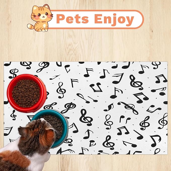 Black Note Dog Food Mat for Floors Absorbent Dog Bowl Mat for Food and Water Dispenser Quick Dry Cat Food Placemat Pet Supplies 12" x 20", Music