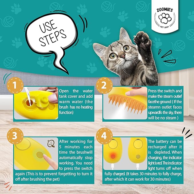 ZOOMIES-Cat Steam Brush-Ultimate 3-in-1 Pet Care Solution: Steamy Cat & Dog Grooming Brush - Say Goodbye to Shedding and Tangled Hair with our Steam-Powered Steamer Brush, Yellow