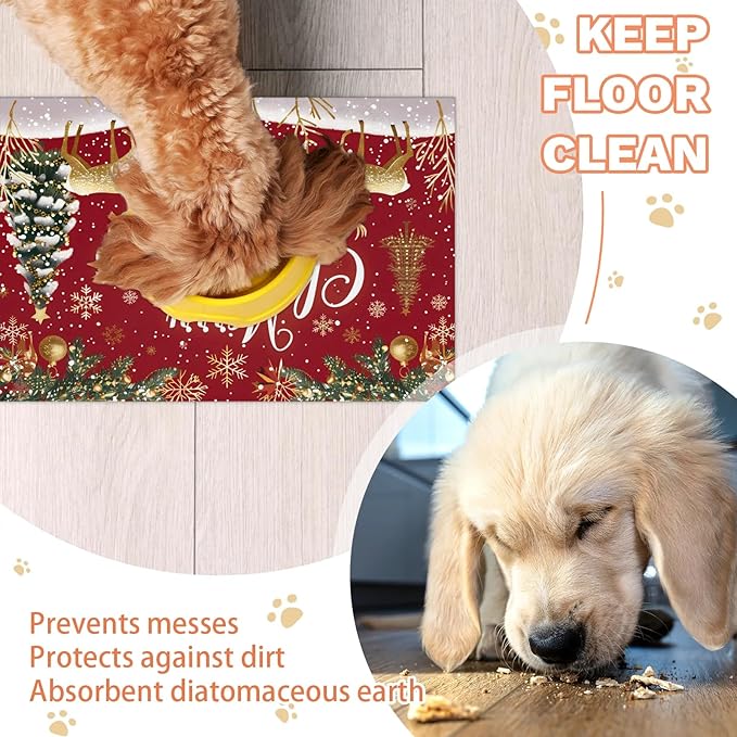 Merry Christmas Dog Food Mat for Floors Absorbent, Quick Dry Water Dispenser Mat for Food, Water, Pet Supplies 16" x 24", Gold Deer