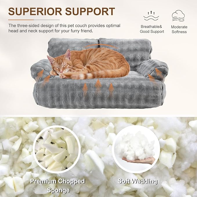Cat Couch Bed, Cute Soft Pet Sofa for Indoor Cats Kittens Puppies with Removable Washable Cover, 26"x15", Grey