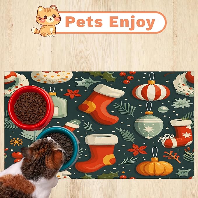 Christmas Sock Dog Food Mat for Floors Absorbent, Quick Dry Water Dispenser Mat for Food, Water, Pet Supplies 24" x 32", Xmas Tree