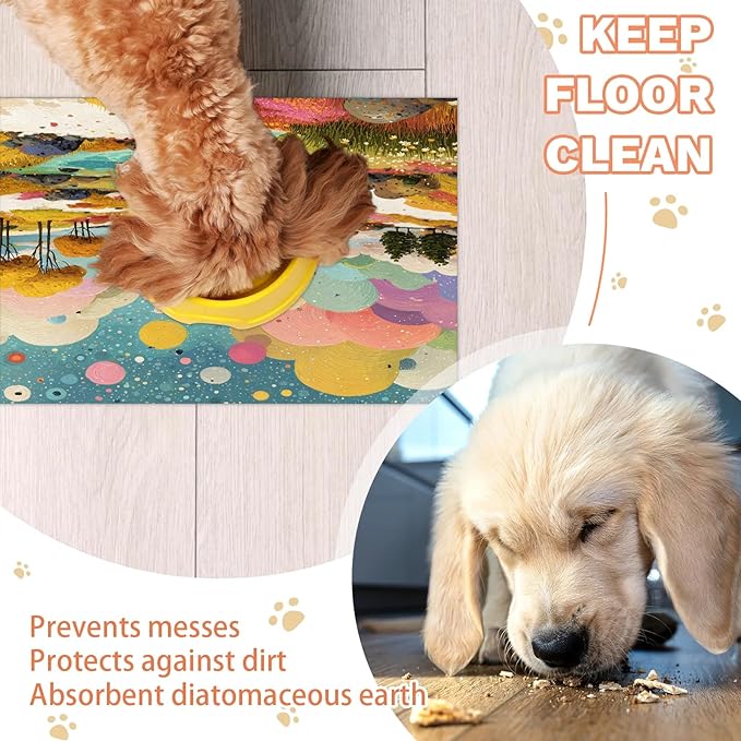 Boho Forest Dog Food Mat for Floors Absorbent, Quick Dry Water Dispenser Mat for Food, Water, Pet Supplies 24" x 32", Colorful Cloud
