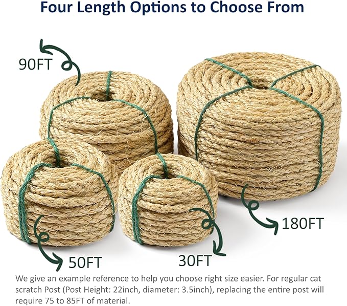 WePet Cat Natural Sisal Rope for Scratching Post Tree Replacement, Hemp Rope for Repairing, Recovering or DIY Scratcher, Natural Color, 180FT