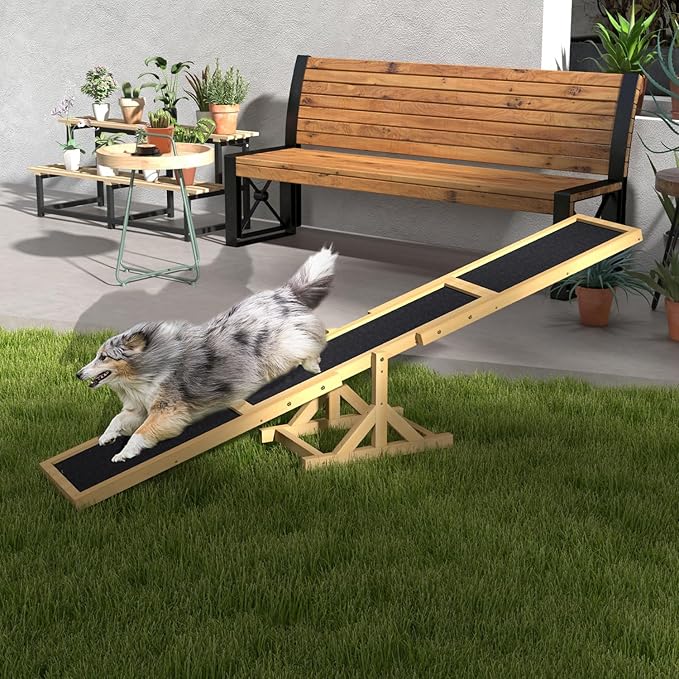 Wooden Dog Agility Seesaw for Training and Exercise, Platform Equipment Run Game Toy, Weather Resistant Pet Supplies, 71" L X 12" W H, Yellow