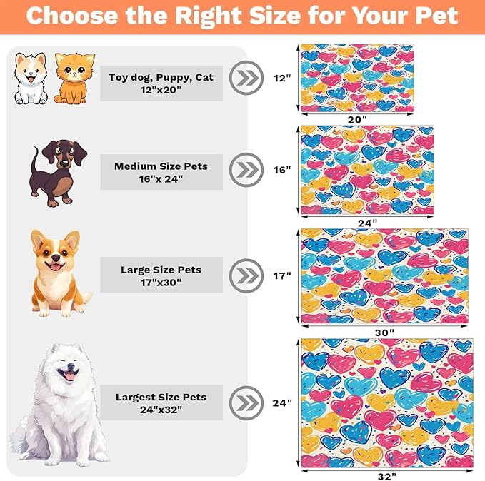 Colorful Heart Dog Food Mat for Floors Absorbent, Quick Dry Water Dispenser Mat for Food, Water, Pet Supplies 24" x 32", Love