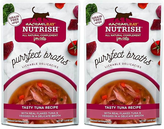 Nutrish Rachael Ray Purrfect Broths Wet Cat Food,Tasty Tuna Recipe with Flaked Tuna & Veggies,1.4 Ounce Pouch,Grain Free,(Pack of 48)