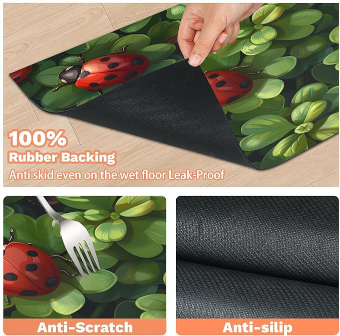 Red Ladybird Dog Food Mat for Floors Absorbent, Quick Dry Water Dispenser Mat for Food, Water, Pet Supplies 17" x 30", Green Leaf