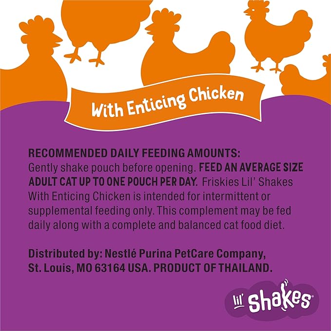Purina Friskies Pureed Cat Food Topper, Lil’ Shakes With Enticing Chicken Lickable Cat Treats - (Pack of 16) 1.55 oz. Pouches