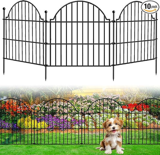 10 Panels No Dig Decorative Outdoor Garden Fence, 24in (H) x20ft (L) Animal Barrier Fencing for Dog, Arched Flower Bed Edging, Rustproof Metal Wire Panel Border with Temporary Ground Stakes