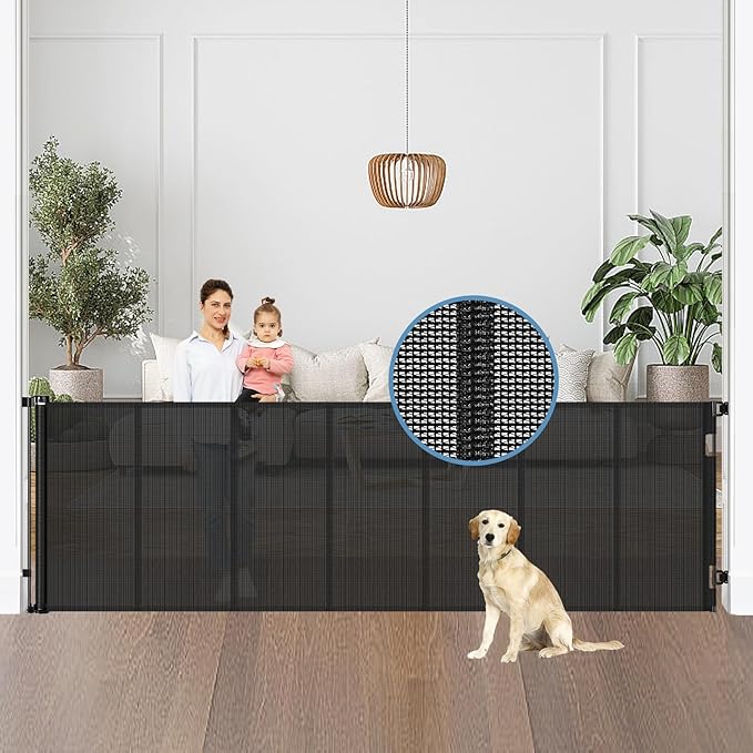 Reinforced 100” Wide Retractable Baby Gate with Support Rods, Upgrade Extra Wide Dog Gate Retractable Pet Gate to Prevent Crawling Through, Indoor/Outdoor Mesh Gate for Large Openings (Black)
