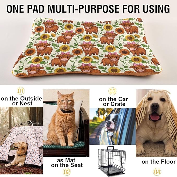 Dog Bed for Crate Washable Pet Sleep Pad, Highland Cow Kennel Mat with Non-Slip Bottom, Soft Fluffy Supplies Pet for Dogs and Cats (24x18 inch)