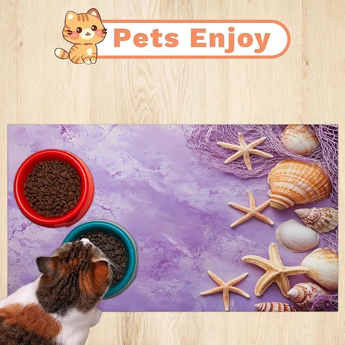 Starfish Shell Dog Food Mat for Floors Absorbent Dog Bowl Mat for Food and Water Dispenser Quick Dry Cat Food Placemat Pet Supplies 24" x 32", Purple
