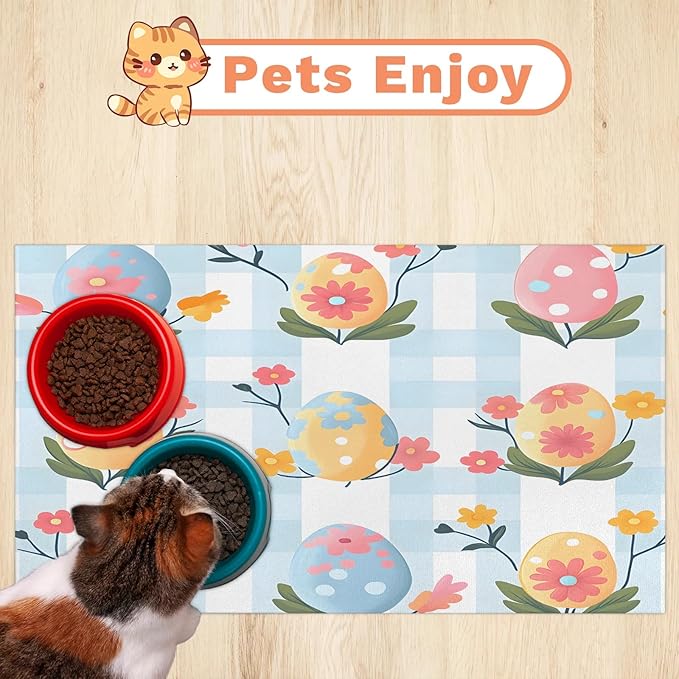 Happy Easter Dog Food Mat for Floors Absorbent Dog Bowl Mat for Food and Water Dispenser Quick Dry Cat Food Placemat Pet Supplies 16" x 24", Blue White Plaid