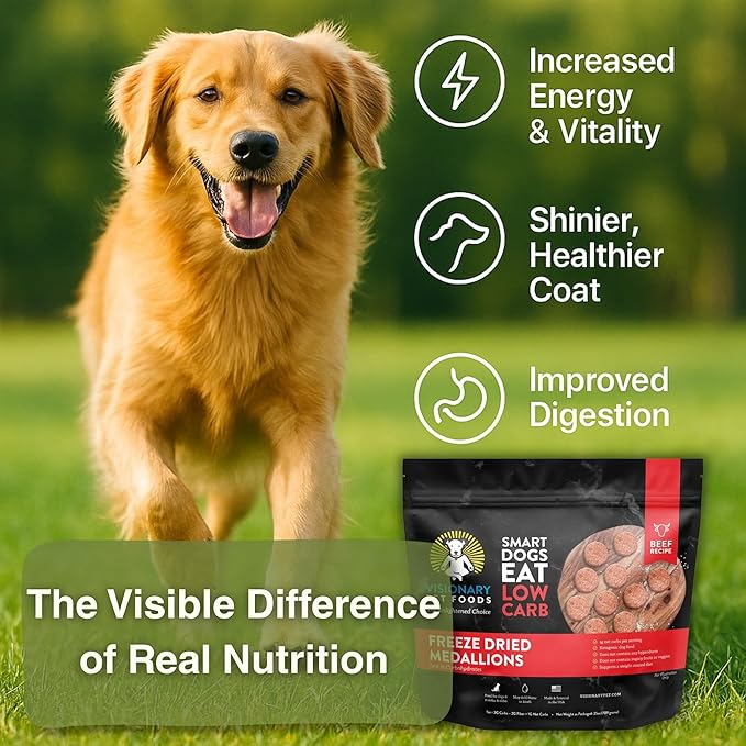 Visionary Pet Foods Low Carb Keto Dry Dog Food – Freeze Dried Raw Real Beef, <1g Net Carbs Per Cup, Grain Free High Protein, Diabetic Friendly, Natural Dog Food Made in USA, 25 oz