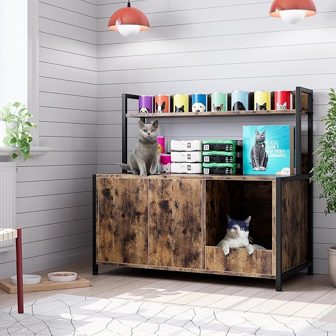 IDEALHOUSE 2024 New Cat Litter Box Enclosure, Retro Sleek Hidden Litter Box Enclosure with Shelves Storage, Wooden Cat Litter Furniture, The Purrfect Blend of Function and Style, Brown