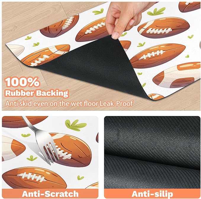 Football Rugby Dog Food Mat for Floors Absorbent, Quick Dry Water Dispenser Mat for Food, Water, Pet Supplies 17" x 30", Green Grass