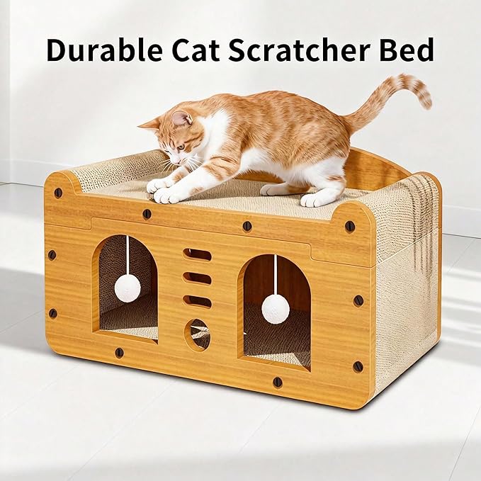 Multi-Function Cat Scratcher House Box,3-in-1 Scratch Pad and Soft Bed & Play Cave with Toys, Durable Build & Ideal for Cats/Kitty (Yellow,MD-DOOR1)