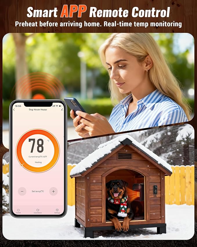 PETNF Dog House Heater with Thermostat & WiFi App Control 2026, 45–113°F, 24H Timer, 500W Fast Heating Outdoor Pet House Warmer, Safe Anti-Chew Cord, Waterproof for Dogs, Cats & Chicken Coops