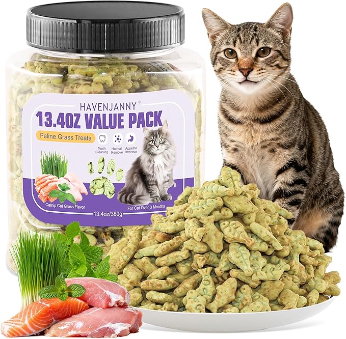 HavenJanny 13.4oz/380g Cat Grass Treats, Cat Dental Treats Hairball Control, Chicken Catnip Cats Grass Flavor, Cats Treat Snacks Biscuits for Teeth Cleaning Training
