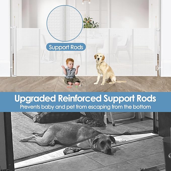 Reinforced 150 Inch Extra Wide Retractable Baby Gates with Reinforced Rods, Retractable Dog Gate Prevent Bottom Crawling Through, Mesh Pet Gate for Large Openings, White